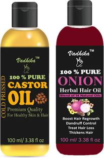 Vadhika 100 % Organic Castor oil & Onion oil pack of 2 bottle 200ml Hair Oil