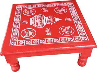 Epraiser Red Painted All Purpose Shubh Laabh Designer Handicraft with Wooden Legs( 15" x 15" ) Wooden Pooja Chowki