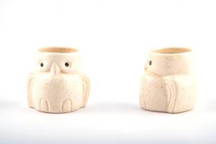 Ceramic Sellerzz White Owl Handmade Indoor Balcony Planter Pot Set of 2 Plant Container Set