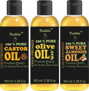 Vadhika 100 % Pure Olive Oil and Sweet Almond oil and Castor Oil Combo of 3 No.100 ml Bottles(300 ml) (300 ml) Hair Oil