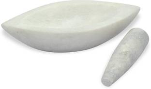 eGharonda White Marble Boat Shape Medicine Herb Crusher Marble Masher