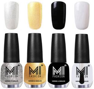 MI FASHION New Collection High Shine Long Wearing Nail Polishes Combo 12ml each Combo No-02 Metallic Silver,Metallic Golden,Jet Black,Top Coat