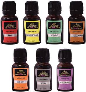 THE PINK KNOT Set of 7 fine aroma diffuser oil 15ml each - Rose , Lemongrass , Jasmine , Sandalwood , Mogra , Musk , Lavender Aroma Oil Set of 7 intricate diffuser oil 15ml each