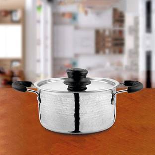 Shri & Sam High Grade Stainless Steel Hammered Casserole with Glass Lid 16 cm, Silver Cook and Serve Casserole