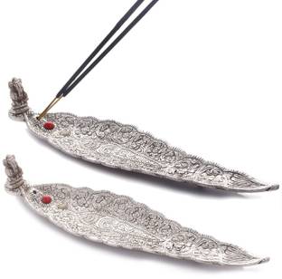 Paheli Craft Incense Holder & Ash Catcher Agarbatti Stand Set of 2 Ganesh Figurine (Silver) Aluminium Incense Holder Set