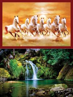 Vastu nano poster white 7 horse running sticker poster + Nature Beautiful Vastu Wallpaper Green Forest Pleasant Water Flow Sticker Wall Frames are not Included - Only Poster Paper Print (12 inch X 18 inch, Only Poster.) ( 2 Combo ) Fine Art Print