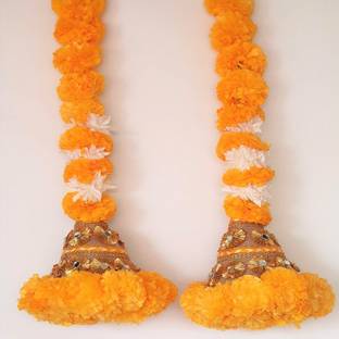 ANAYA STUDIO Artificial Marigold Flowers & Jasmine with Bell, Set of 2, 36 Inch, Orange Toran