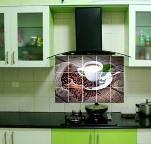 Creatick Studio 91 cm Coffee Mug With Coffee Beans Wallpaper/Wall Sticker Multicolour - Kitchen Wall Coverings Area ( 60Cm X 91Cm ) Self Adhesive Sticker