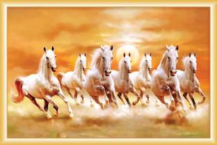''vastu Poster'' White 7 Horse vastu Painting, Wall Sticker, Wall Painting, Washable Vinyl Sticker Poster, Natural Sticker, Home Decor, Office Decor Photo, Wallpaper Paper Print (12 inch X 18 inch, rolled) Fine Art Print