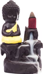 eCraftIndia Decorative Useful Meditating Monk Buddha Smoke Backflow Cone Incense Holder Decorative Showpiece with 10 free Smoke Backflow Scented Cone Incenses Decorative Showpiece  -  12 cm