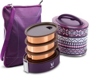 Vaya Tyffyn 1000 ml Wool Copper-Finished Stainless Steel Tiffin Box with_BagMat (One 400 ml + Two 300 ml Containers) - 3 Containers Stainless Steel Office Lunch Box