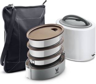 Vaya Tyffyn Lyte 1000 ml White Polished Stainless Steel Tiffin Box with BagMat (One 400 ml + Two 300 ml Containers) - 3 Containers Lunch Box