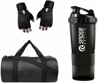 RBB HUB Combo of Black Leather Gym Bag with Gloves and Spider Shaker Fitness Accessory Kit Kit