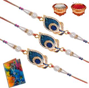 Dreamlivproducts Bhaiya Bhabhi Fancy rakhi stone peacock Rakhi Combo of 3 Rakhi For Brother With Greeting Card Roli Chawal Assorted Rakhi, Greeting Card, Chawal Roli Pack  Set