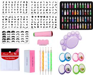 Royalkart Mega Combo Kit Of Nail Art Tools 3D Nail Art Stamping Image Plates, Double-sided Stamper & Metal Scraper, 48 pcs Glitter Bottle Set, 5 pcs Double-sided Dotting Tool, Nail Art Palette, Nail Buffer, Finger Tip Guide and Multicolour Nail Cleaning Tissue