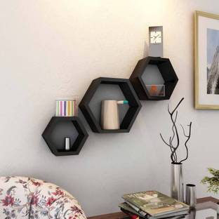 AmazingShopee Set Of 3 Hexagon shape Designer Storage Shelves -Brown MDF (Medium Density Fiber) Wall Shelf