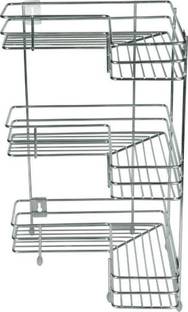 AMAZE ACTIONWARE Stainless Steel Silver Multipurpose Storage Shelf, Kitchen Rack -Triple Layre Corner Rack Fruits/Vegetables And Bathroom Kitchen Rack Stainless Steel Wall Shelf
