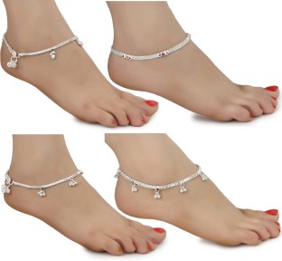 AanyaCentric Indian Ethnic Payal White Metal Silver Plated Alloy Anklets Ankle Bracelets One Pair 10 inches Vintage Style for Womens Girls Feet Jewelry Beach Wedding Sandals with Jingle Bells Charm