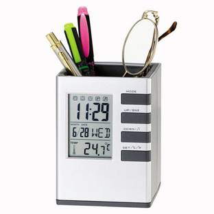 Trendegic 1 Compartments Plastic Square Table Digital Clock without Net with Pen Holder