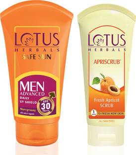 LOTUS Herbals Combo Pack - Safe Sun Men Advanced Sunblock SPF 30 PA+++ ( 100 g )& Apriscrub Fresh Apricot Scrub ( 60 g )