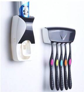 liveonshop Automatic Toothpaste Dispenser With 5 Toothbrush Holder Set Plastic Toothbrush Holder