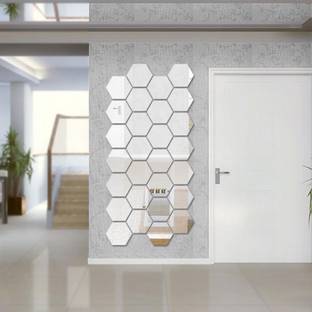wall1ders 10.5 cm 28 Hexagon Silver 3D Acrylic Mirror Wall Sticker for Home & Office Self Adhesive Sticker