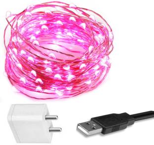 MANSAA® Copper String LED Lights Combo, 1 Pink Light, 1 USB Adaptor, 10 MTR 100 LED 100 LEDs 10.08 m Pink Steady String Rice Lights