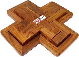BuzyKart Handmade Indian 9-Pieces Plus Board cross Jigsaw Puzzle Game - Wooden Toy Game - Brain Teaser