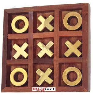 BuzyKart Noughts and Crosses Game Brass Wood Tic Tac Toe Toy Game