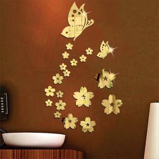 wall1ders Medium 21 Butterfly & Flower Golden (Size 58 cm x 35 cm) thickness 1.5 mm premium quality, 3D Acrylic Mirror wall stickers, 3d acrylic sticker, 3d mirror sticker for home & offices. (Pack of 1)