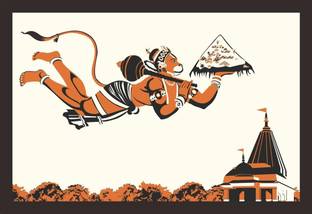 मैड मास्टर्स Textured UV Reprint Lord Hanuman Flying with Dronagiri Mountain Framed Painting with frame ऑयल 12 inch x 18 inch पेंटिंग