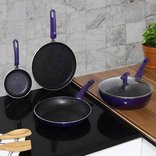 BERGNER Bergner Iris 5 Pcs Cookware Set (Wok-24 Cm, Frypan-24 Cm, Tawa-25 Cm, Mini Pan-14 Cm) Induction Bottom Non-Stick Coated Cookware Set