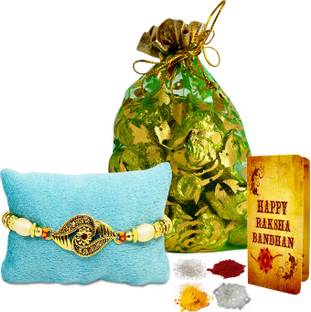 Midiron Designer Rakhi with 15 Piece Gold Chocolate Gift Pack for Brother IZ19Choco15ThailiRakhi19-01 Combo