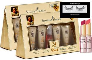 BLUEBERRY Eyelashes, Lakme 2 Lipstick In Different Color, Shahnaz Husain Gold Facial Kit Set Of 2