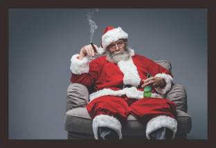 Mad Masters Bad Santa Celebrating Christmas at Home Alone, he is Smoking a Cigar and Drinking Beer. Framed Painting (Wood, 18 inch x 12 inch, Textured UV Reprint)(Mad R1 1531) Oil 12 inch x 18 inch Painting