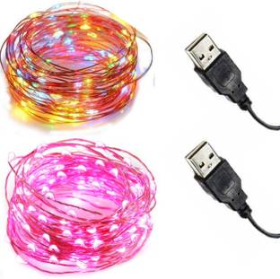 Copper String LED Lights USB Combo, 1 Pink Light, 1 RGB Light, 5MTR 50 LED 50 LEDs 4.98 m Pink, Red, Green, Blue Steady String Rice Lights