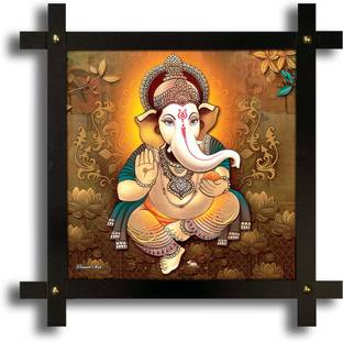 पोस्टर न फ्रेम्स Cross Wooden Frame Hand-Crafted with photo of Lord Ganesh ji डिजिटल रीप्रिंट 16.5 inch x 16.5 inch पेंटिंग