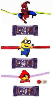 Indigo Creatives Kids Spierman,Minions and Angry Birds Three 3 Rakhi family rakshabandhan combo Set with 3 chocolate for Brother Silk Gift Box