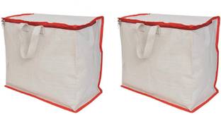 Sanchi Creation Shopping Grocery Vegetable Storage White Canvas Bag with Reinforced Handles and Thick Base with Storage Covers Zip Pack of 2 Grocery Bags