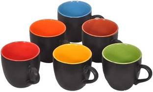Funtastik Pack of 6 Ceramic MATTE BLACK & Multicolor Inside Tea Cups Set of 6