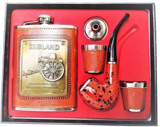 Protos India.Net England Brown Hip Flask Pipe Funnel Shot Glasses 1 - Piece Bar Set