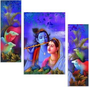 Art Amori Radhe Krishna With Peacock And Cow Three Piece Digital Reprint 12 inch x 18 inch Painting