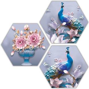 Art Amori Amazing Peacock & Flower Vase Three Piece Hexagon MDF Digital Reprint 17 inch x 17 inch Painting