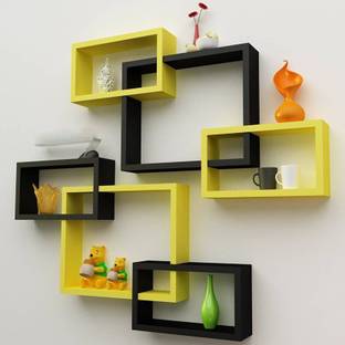 KraftStics Wooden Beautiful Dual Attach Wall Shelves ( Number Of Shelves 6 Black, YelloW) Wooden Wall Shelf