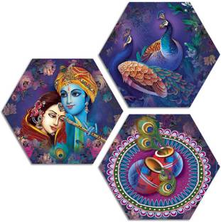 Art Amori Adorable radhe Krishna with peacock 3 piece Hexagon MDF Painting Digital Reprint 21.5 inch x 21.5 inch Painting