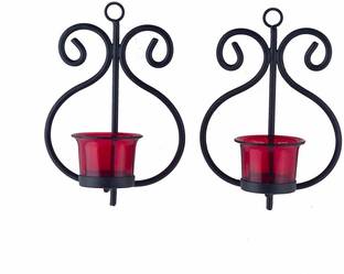 Heaven Decor Decorative Red Glass Cup Tealight Candle Holder wall Hanging Iron Votive, Festive Lights For Decoration Iron 2 - Cup Tealight Holder Set