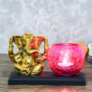 JaipurCrafts Aluminum Golden Lord Ganesha Idol for Gift with Tealight Holder Glass, Wooden, Aluminium 1 - Cup Tealight Holder Set