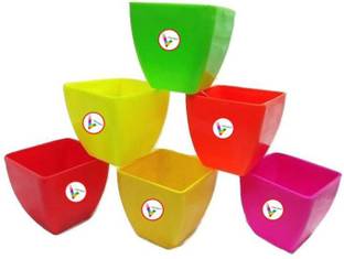 VINSHRA Vinshra 5 inch Square Multicolor Flower Plastic Pot (Set of 6) Plant Container Set