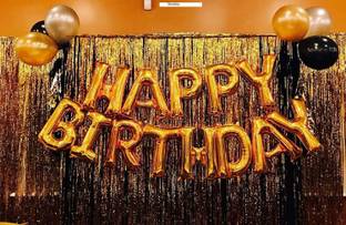 ablegate Solid Happy Birthday Alphabets Letter Foil Balloon (Golden – 13 PCS )+ 2 Pcs Gold Fringe Curtain (3 X 6 Feet) + Pack of 50 pcs Metallic Balloons (Black, Silver & Gold ) Balloon