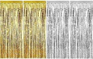 Bash N Splash Golden, Silver Party Foil Curtain Metallic Fringe Shimmer Party Curtain (Pack Of 4)